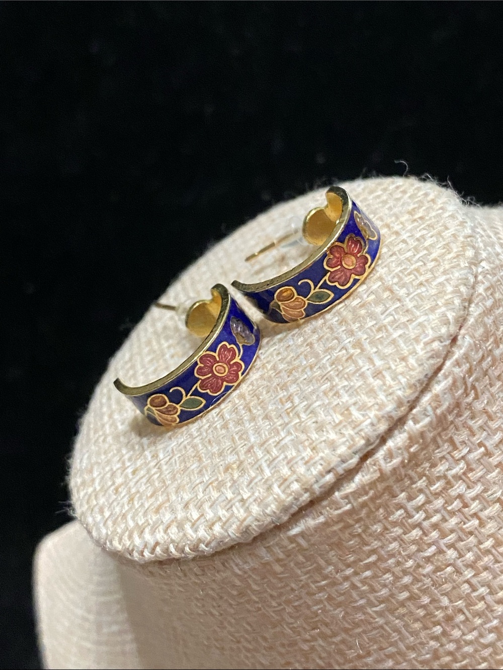 Cloisonné Gold-Tone Floral Enamel Half-Hoop Earrings in Blue and Pink